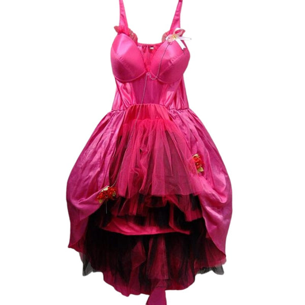 Pink 80's Rocker Dress - Hire, pink dress with bra cups and lays of tulle in the skirt, longer at the back, sheer section at tummy, hire includes dress, wig, beads.