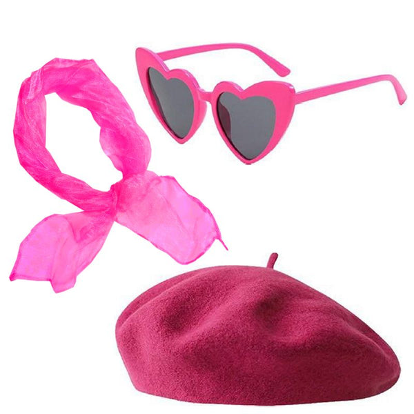 Pink Beret Set includes pink beret, scarf and heart shape glasses with tinted lenses.