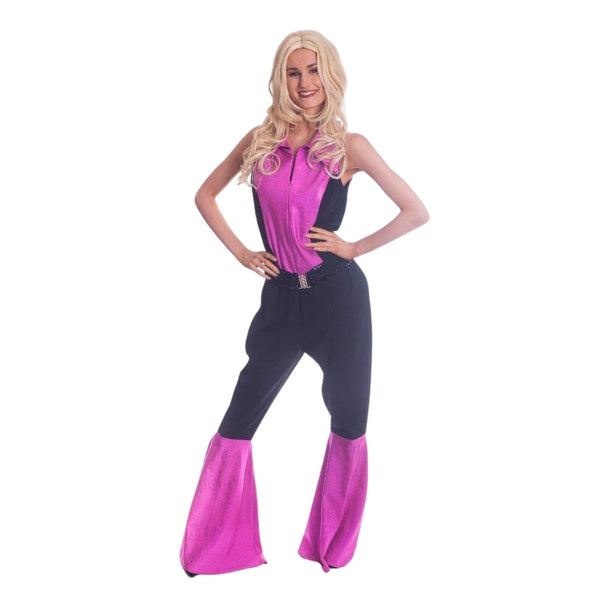 Pink and Black Disco Jumpsuit - Hire, sleeveless jumpsuit with pink insert and flare plus black sequin belt.