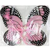 Pink Butterfly Set includes, wings in black and pink, butterfly wand and headband with butterflies.