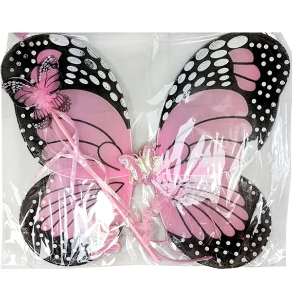 Pink Butterfly Set includes, wings in black and pink, butterfly wand and headband with butterflies.