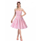 Pink Gingham Doll Costume, knee length dress with full skirt, shoe string straps. ladies size.