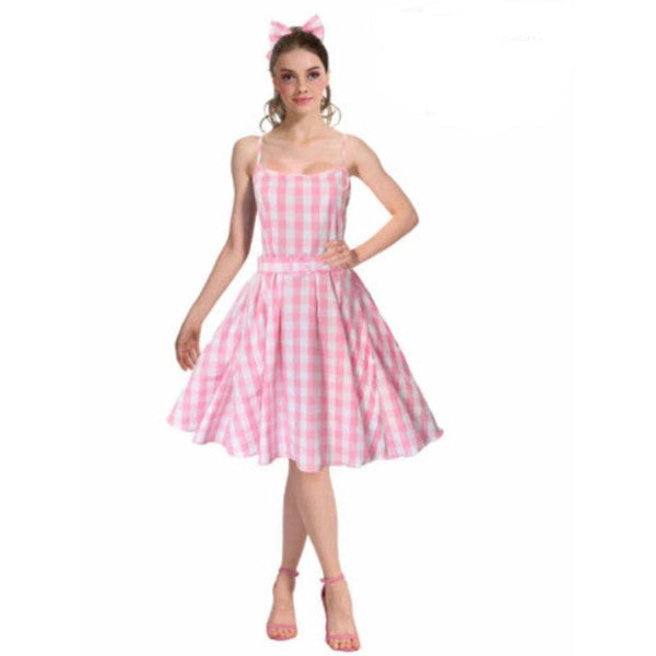 Pink Gingham Doll Costume, knee length dress with full skirt, shoe string straps. ladies size.