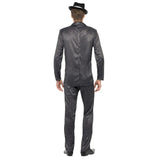 Pinstripe 1920's Gangster Costume, black pinstipe jacket, pants, black shirt front and white tie.