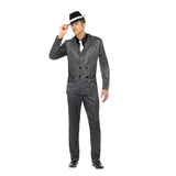 Pinstripe 1920's Gangster Costume, pinstripe suit, double breasted, jacket, pants, shirt front and tie.