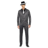 Pinstripe 1920's Gangster Costume, double breasted pinstipe suit, jacket pants, shirt front and tie.