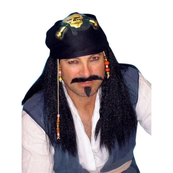 Pirate Captain Wig with Bandanna, beads attached, straight hair.