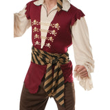 Pirate Raider Costume - Adult, maroon tunic with cream sleeves and collar, gold skeleton print on chest. stripe sash.