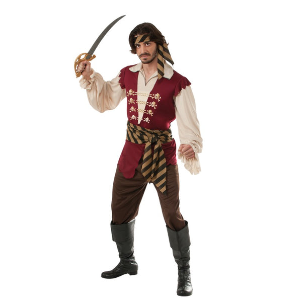 Pirate Raider Costume - Adult, long maroon tunic with skeleton print buttons, stipe sash and headscarf.