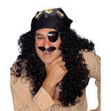 Pirate Wig with Bandanna, long curly black wig with skull and crossbones bandanna.
