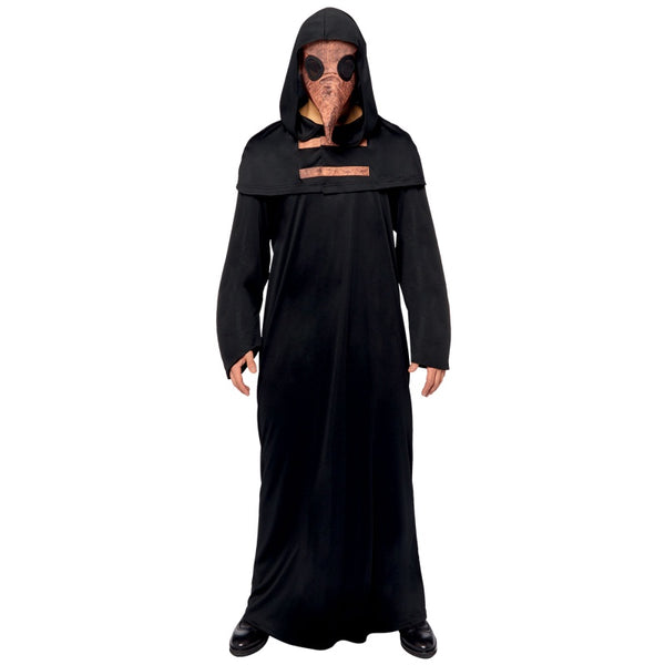 Plague Doctor Adult Halloween Costume, black cloak, hat and copper mask.