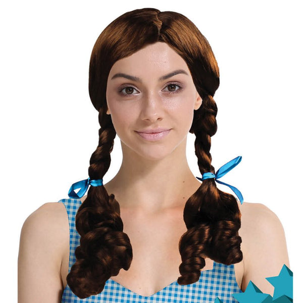 Plaited Brown Wig, adult size with blue bows.