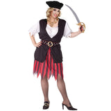 Plundering Pirate Woman, top in black and white, skirt red and black stripe and skull and crossbones belt.
