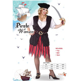 Plundering Pirate Woman, top in black and white, skirt red and black stripe and skull and crossbones belt.