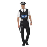 Policeman instant kit includes, vest, mock shirt, hat and handcuffs. Vest has Police badge on the front. 