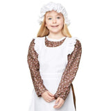 Poor Girl Colonial Costume, floral print bodice, brown long skirt attached white apron and bonnet.