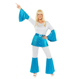 Pop Disco Dancer Womens Costume, white and blue top and pants with flare sleeve and pants.