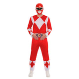 Power Rangers Red Deluxe Costume - Adult, red jumpsuit with diamond print and moulded eva plastic face mask. Plus printed belt featuring logo.