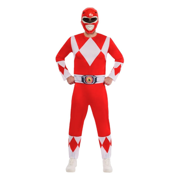 Power Rangers Red Deluxe Costume - Adult, red jumpsuit with diamond print and moulded eva plastic face mask.