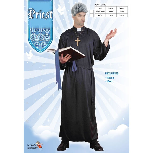 Priest Adult Costume - Dr Toms, ankle length black robe with matching black sash.
