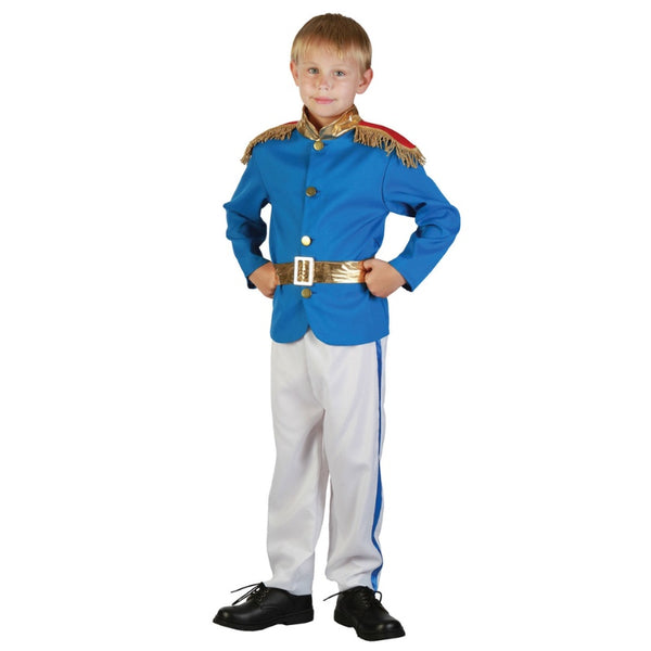 Prince Boys Costume, blue jacket with red fringed epaulets, white trousers with blue stripe.