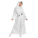 Princess Leia Deluxe Adult, long white dress with attached hood and trumpet sleeves, moulded belt.
