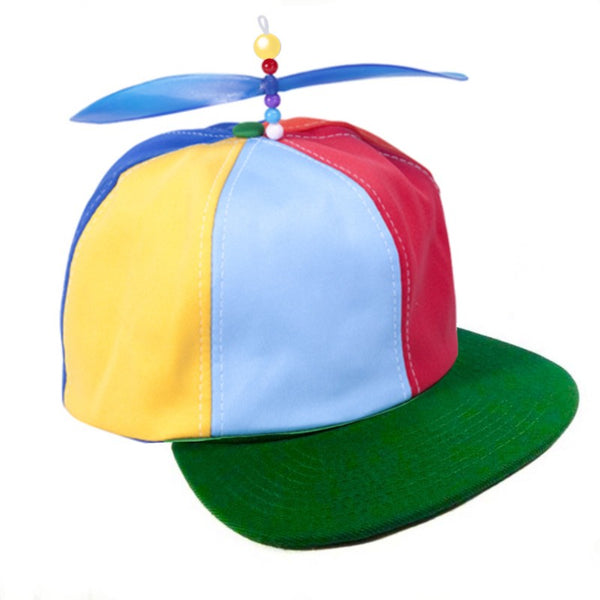 Propeller hat in primary colours with propeller.