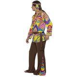 Psychedelic Hippie Man Costume, colourful print shirt with neck frill, brown flares with colourful insert.