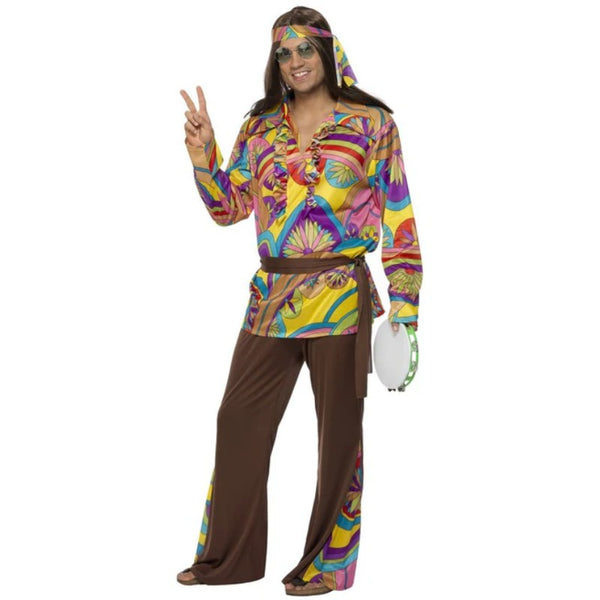 Psychedelic Hippie Man Costume, colourful 60s print shirt, brown flares with matching insert and headband and brown sash.