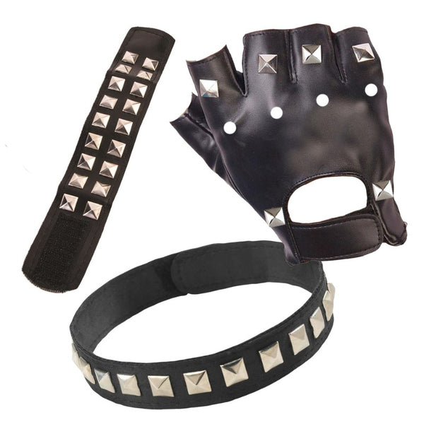 Punk set includes 1 x fingerless glove with studs, wrist cuff and choker with studs.