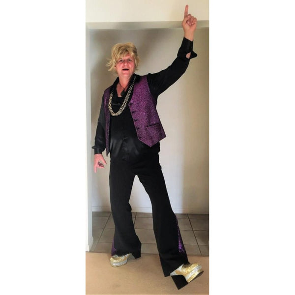 Purple Disco Guy - Hire, purple glitter vest and black pants with purple flare, black shirt.