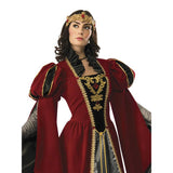 Queen Anne Medieval Dress - Hire, long dress in red velvet, gold embroidery and braid, plus crown.