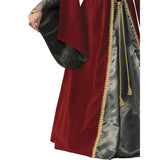 Queen Anne Medieval Dress - Hire, long red dress, flowing sleeves, gold braid, petticoat and crown.