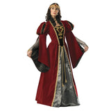 Queen Anne Medieval Dress - Hire, long red velvet dress with chain mail sleeves, gold embroidery and silver panel insert.