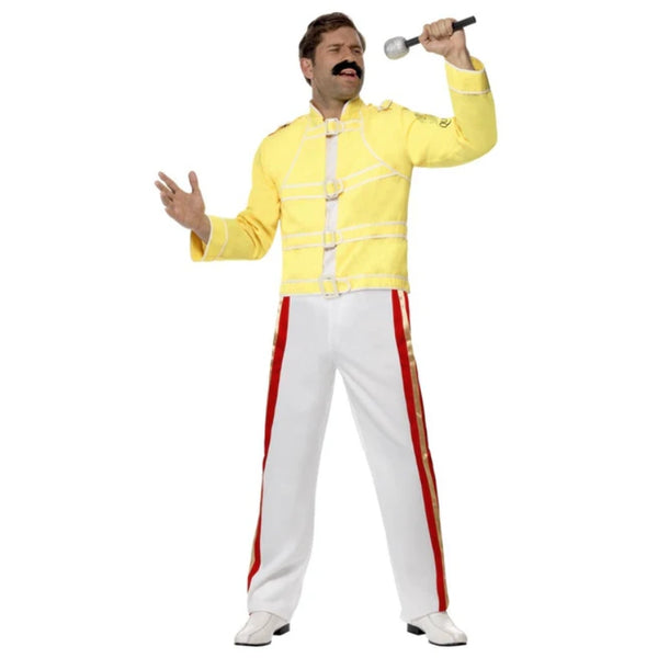 Queen Freddie Mercury Costume, iconic yellow jacket with buckles and white pants with red and gold stripe down the sides.