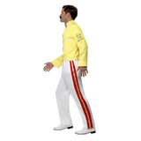 Queen Freddie Mercury Costume, iconic yellow jacket, with queen logo on sleeve and epaulets, white pants with red and gold stripe.