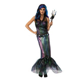 Queen Neptune of the Seas Costume - Adult, metallic scale print top and long skirt with fish tail, bodice with bra cups and halter neck style. plastic fork sceptre.