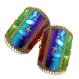 Rainbow Festival Wrist Cuffs with gold braid and star trim.