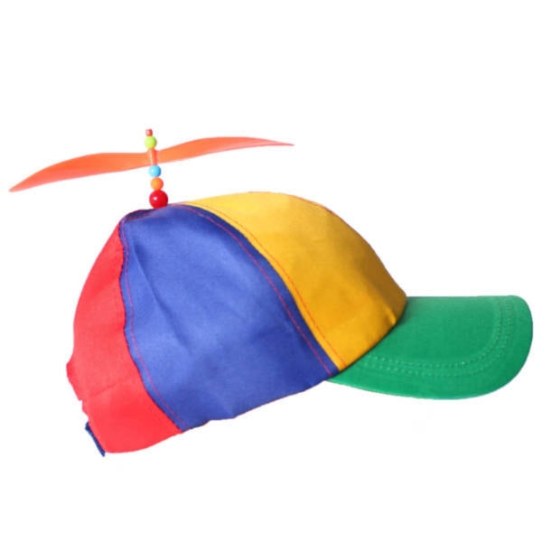 Rainbow Helicopter Hat, primary colours with propellor, velcros at the back.