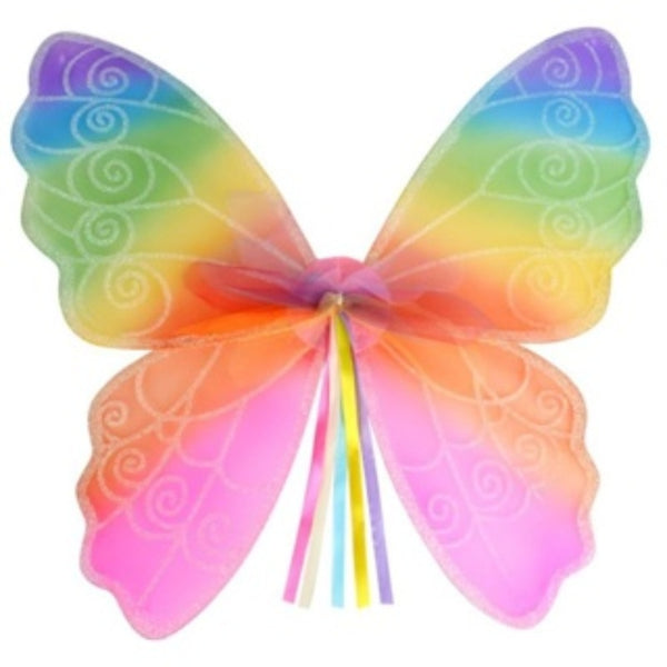 Rainbow wings for a child, trimmed with glitter and ribbons.