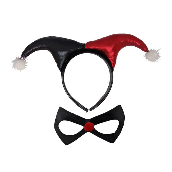 red and black harlequin clown set ith headband and cute black mask with red nose, perfect for villians and clowns.