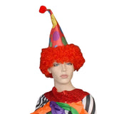 Red Clown Hat w/Hair, cone shape hat with attached curly red hair and pom pom on top.
