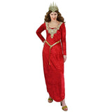 Red Medieval Queen Womens Costume, long dress with gold detailing around the neck and gold braid belt which is attached.