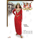 Red Medieval Queen Womens Costume, long dress with gold detailing around the neck and gold braid belt which is attached.