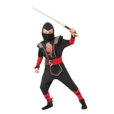 Red Ninja costume for child, black and red, jumpsuit with dragon on chest panel, red ties for arms and legs, hood with attached face mask.