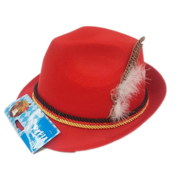 Red Oktoberfest Hat, with lack red and gold cord band and feather.