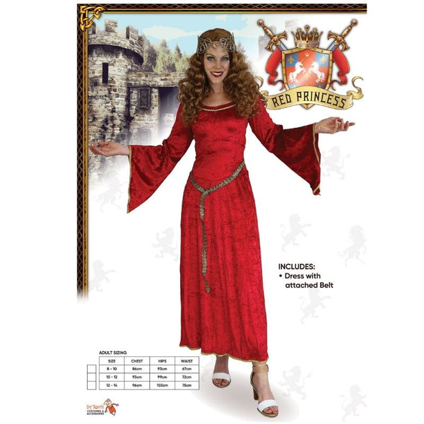 Red Medieval Sorceress Costume - Dr Toms, velveteen long dress with trumpet sleeves and gold trim.