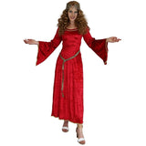 Red Medieval Sorceress Costume - Dr Toms, velveteen long dress with trumpet sleeves and gold trim.