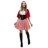 Red Riding Hood Costume with Black Corset - Fever, short and sassy dress, red check skirt, black corset bodice with white peasant look blouse and red hooded cape.