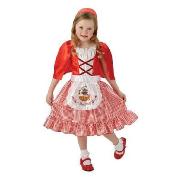 Red Riding Hood Costume Child, check shirt with corset look bodice, attached apron with Big bad wolf print and seperate cape.